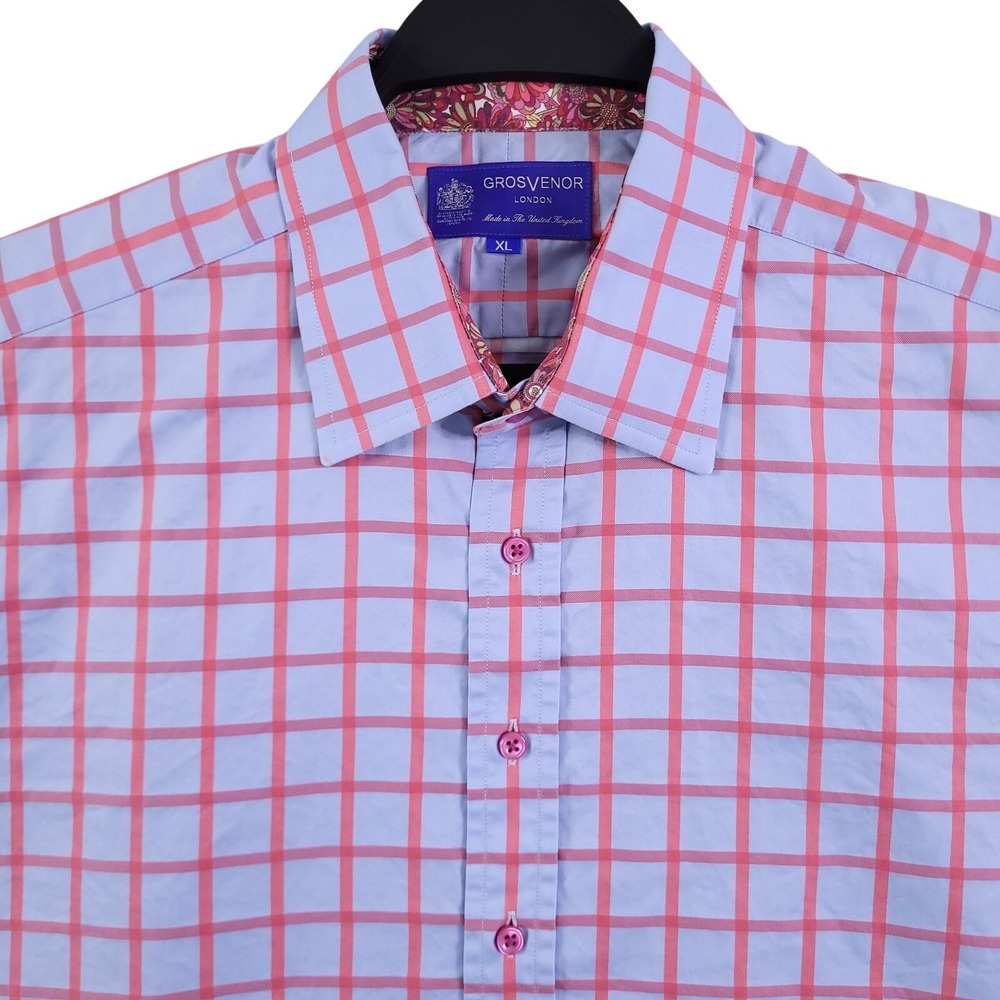 GrosVenor Shirt Men XL Blue Red Check Floral Flip Cuff Button Up Made in UK